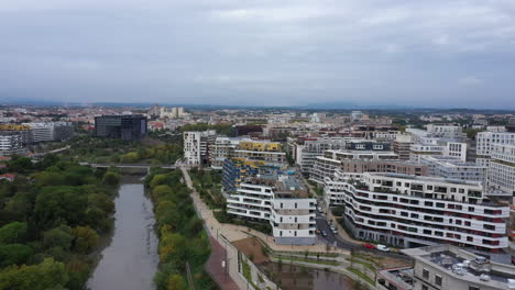 Port-Marianne-Montpellier-aerial-view-cloudy-day-le-Lez-river-France
